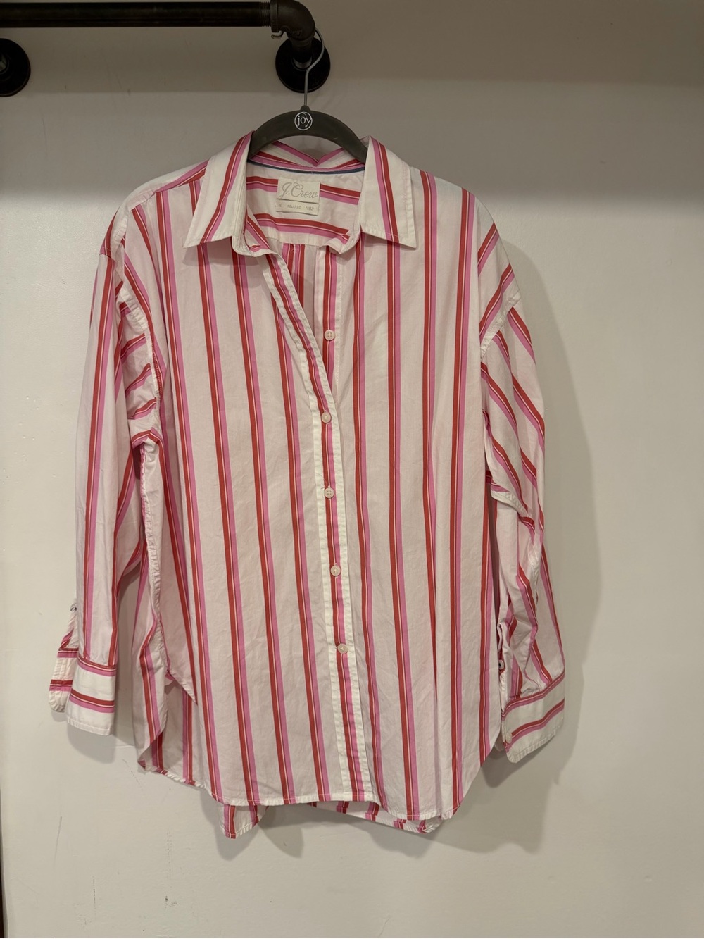 J.Crew Relaxed Striped Button Down Shirt Pink Red White size 12